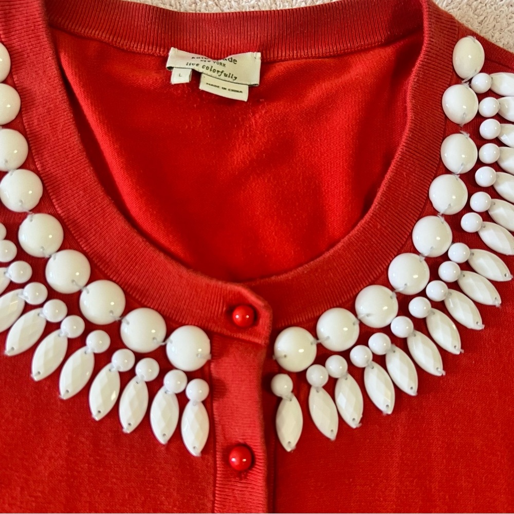 Kate Spade Orange/red Cardigan with White Beaded Collar size large
